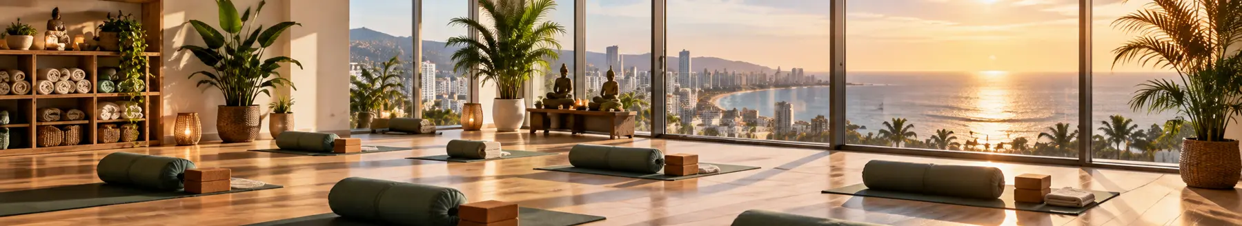 Sala de yoga luminosa con colchonetas y grandes ventanales
